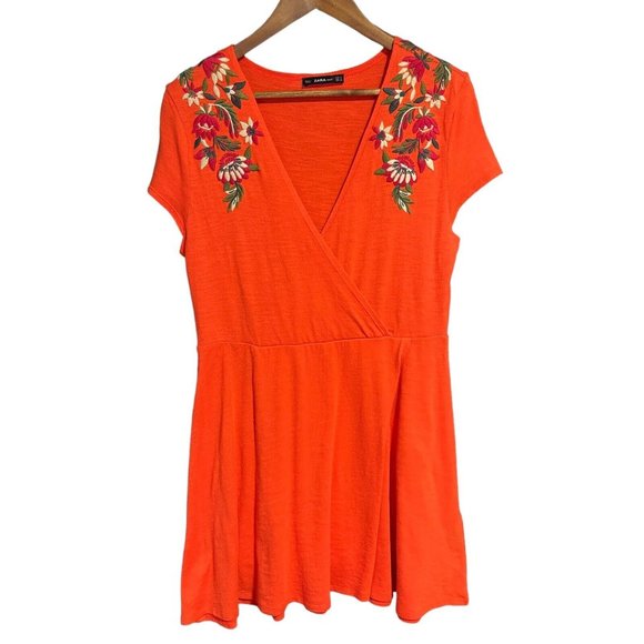 Zara Dresses & Skirts - Zara Knit Orange Size Medium Floral Embroidered Mini Dress V Neck Cap Wrap